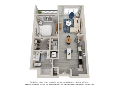 Floor plan for 1 bed, 1 bath, 751 sqft